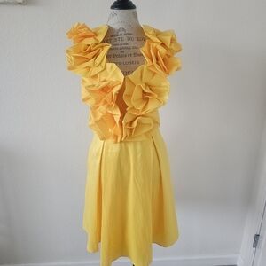 New York & Company Yellow Satin Sleeveless Ruffled Roses 3D Effect Dress Size M